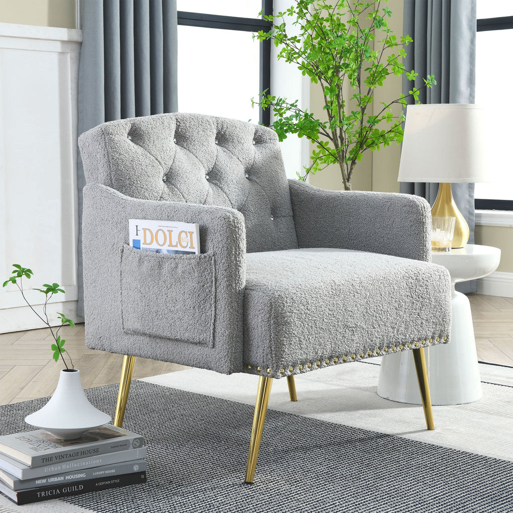 30 "W Modern Chesterfield Tufted Upholstered Chair with Deep Buttons, Living Room Chair, Comfortable Armchair, Gold Hardware Legs, Tufted Chair for Reading or Relaxing, GREY TEDDY