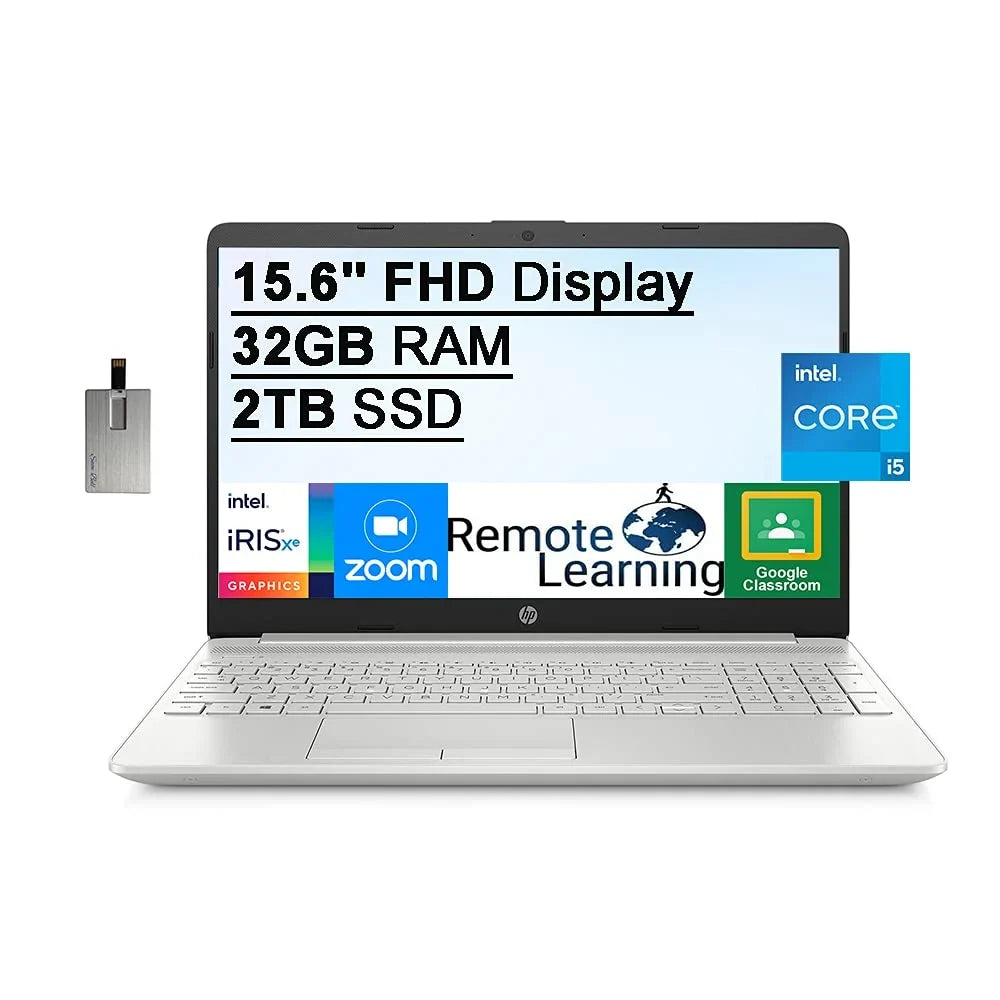 HP 2021 15.6" FHD Laptop Computer, 11th Gen Intel Core i5-1135G7(Beats i7-1065g7), 32GB DDR4 RAM, 2TB PCIe SSD, Intel Iris Xe Graphics, HD Webcam, Stereo Speakers, Windows 10, Silver, 32GB USB Card