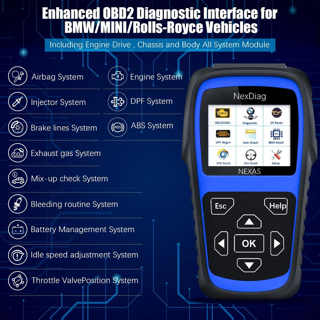 NEXAS ND601 OBD2 Scanner Fits for BMW & MINI Multi-System Diagnostic Scanner Automotive Diagnostic Maintenance Tool DPF Regen BMS Reset Check Engine Code Reader for Vehicles after 1996