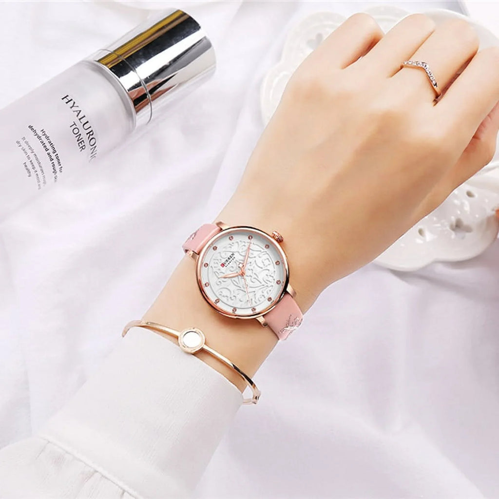 Top Brand Curren Women Watches Pink Leather Wristwatch With Rhinestone Ladies Clock Fashion Luxury Quartz Watch Relogio Feminino - Quartz Wristwatches