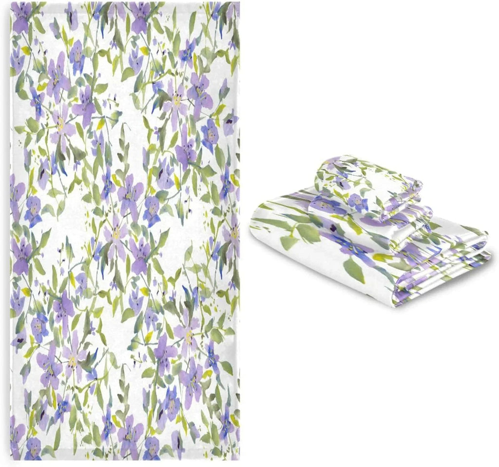 Wellsay Purple Flowers Bath Towel Set of 3, Highly Absorbent & Soft Bathroom Towels Set Quick Dry Towels Set for Bathroom Spa Beach (1 Bath Towels, 1 Hand Towel, 1 Washcloth)