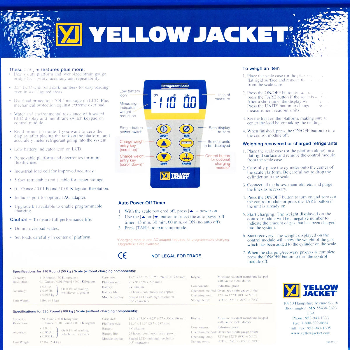 Yellow Jacket Refrigerant Scale,Electronic,110 lb 68802