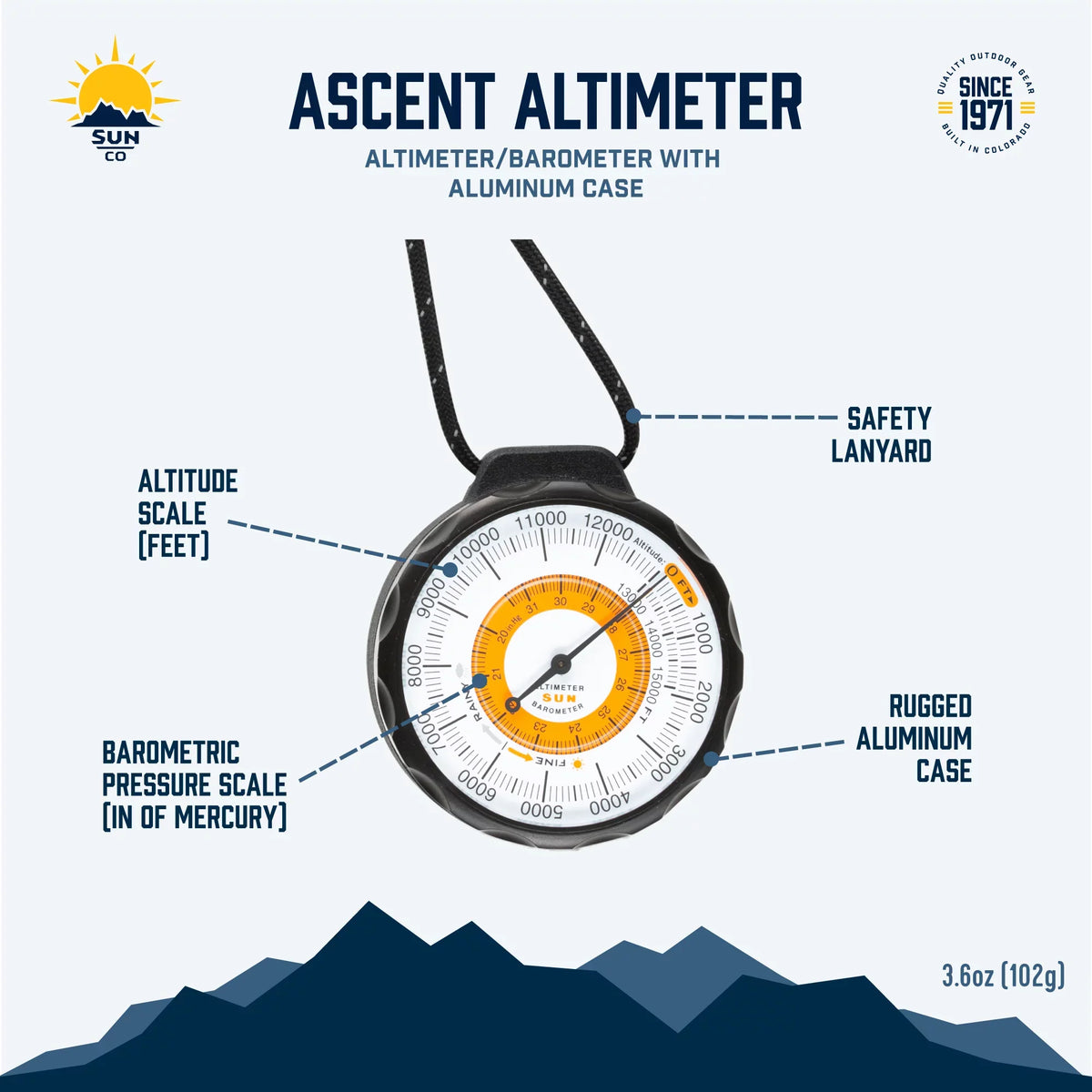 Sun Company Ascent Altimeter - Battery-Free Altimeter and Barometer | Environment Indicator with Rugged Aluminum Case and Reflective Lanyard | Reads Altitude from 0 to 15,000 Feet