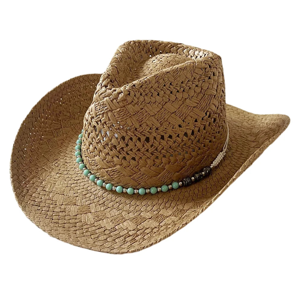 Keevoom Straw Cowboy Hats for Women Men Vintage Beach Sunshade Hat With Bead Belt