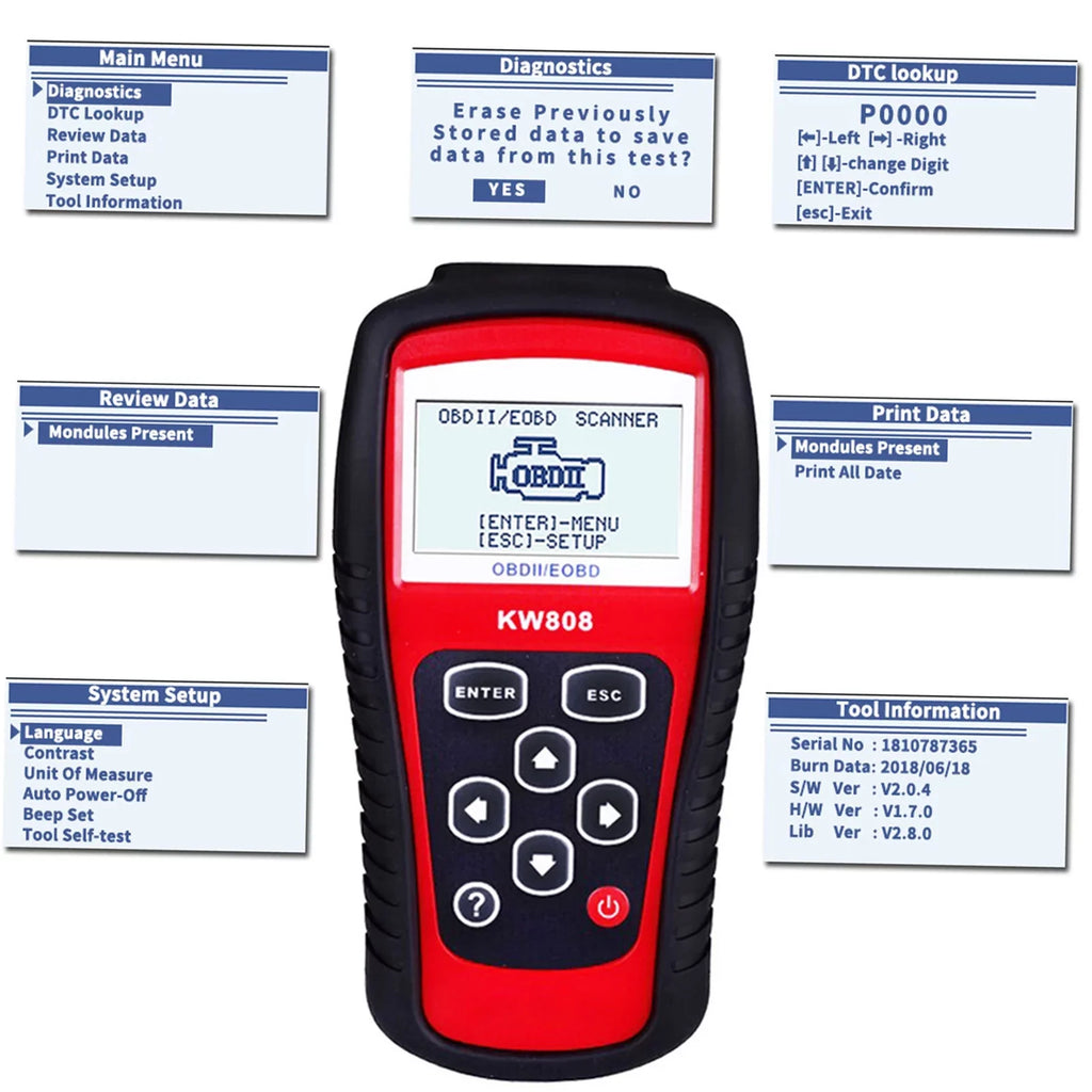 KONNWEI OBDII / EOBD Cars Code Reader and Auto Scanner Detection Decoder KW808 Diagnostic Scanner for Effective Car Troubleshooting