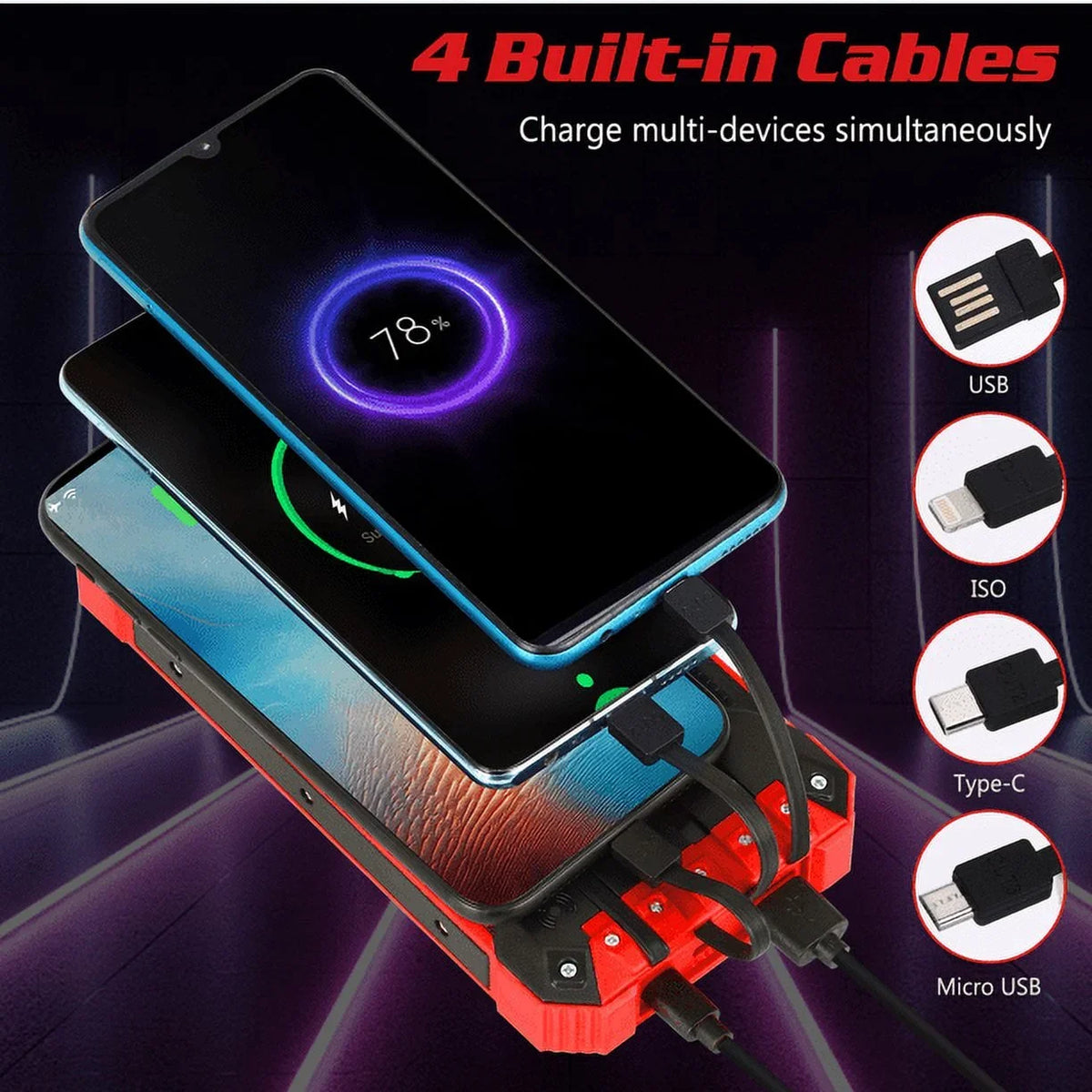 Solar Power Bank 20000mAh Built-in 4 Cables Qi Wireless Charger For Ulefone Armor 9 with LED Flashlight Solar Portable External Battery IPX4 Waterproof 15W 5V/3A USB C Port 6 Outputs 3 Inputs