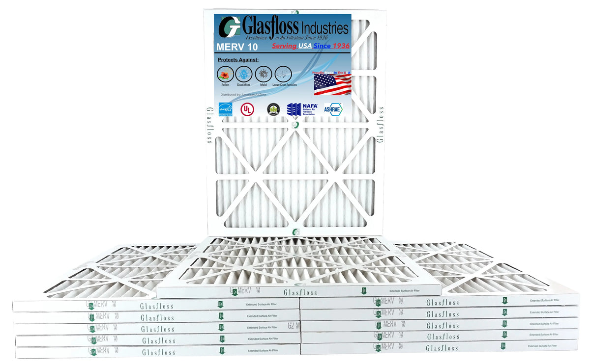 Glasfloss 20x23x1 - MERV 10 -Qty:12 - Furnace Air Filter - Made in USA (Actual Size: 19.5 x 22.5x7/8 inch)