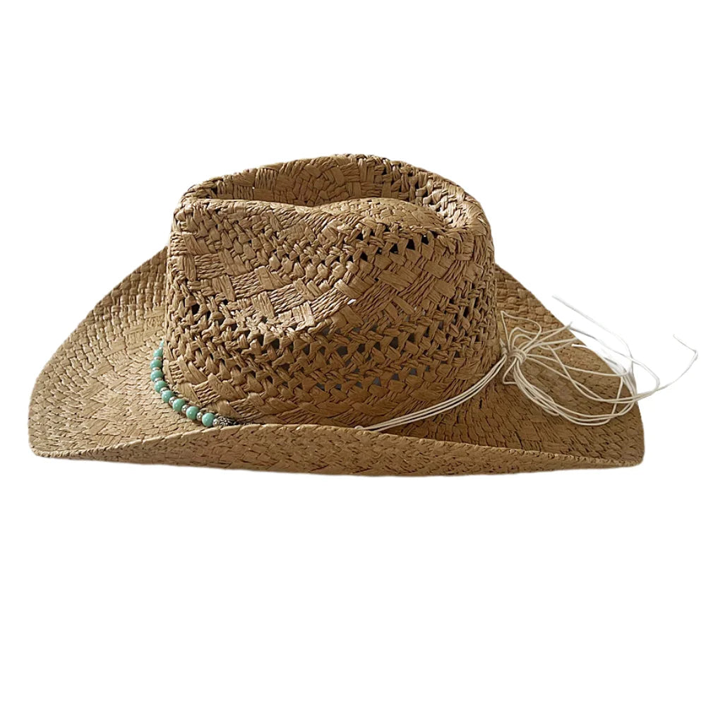 Keevoom Straw Cowboy Hats for Women Men Vintage Beach Sunshade Hat With Bead Belt