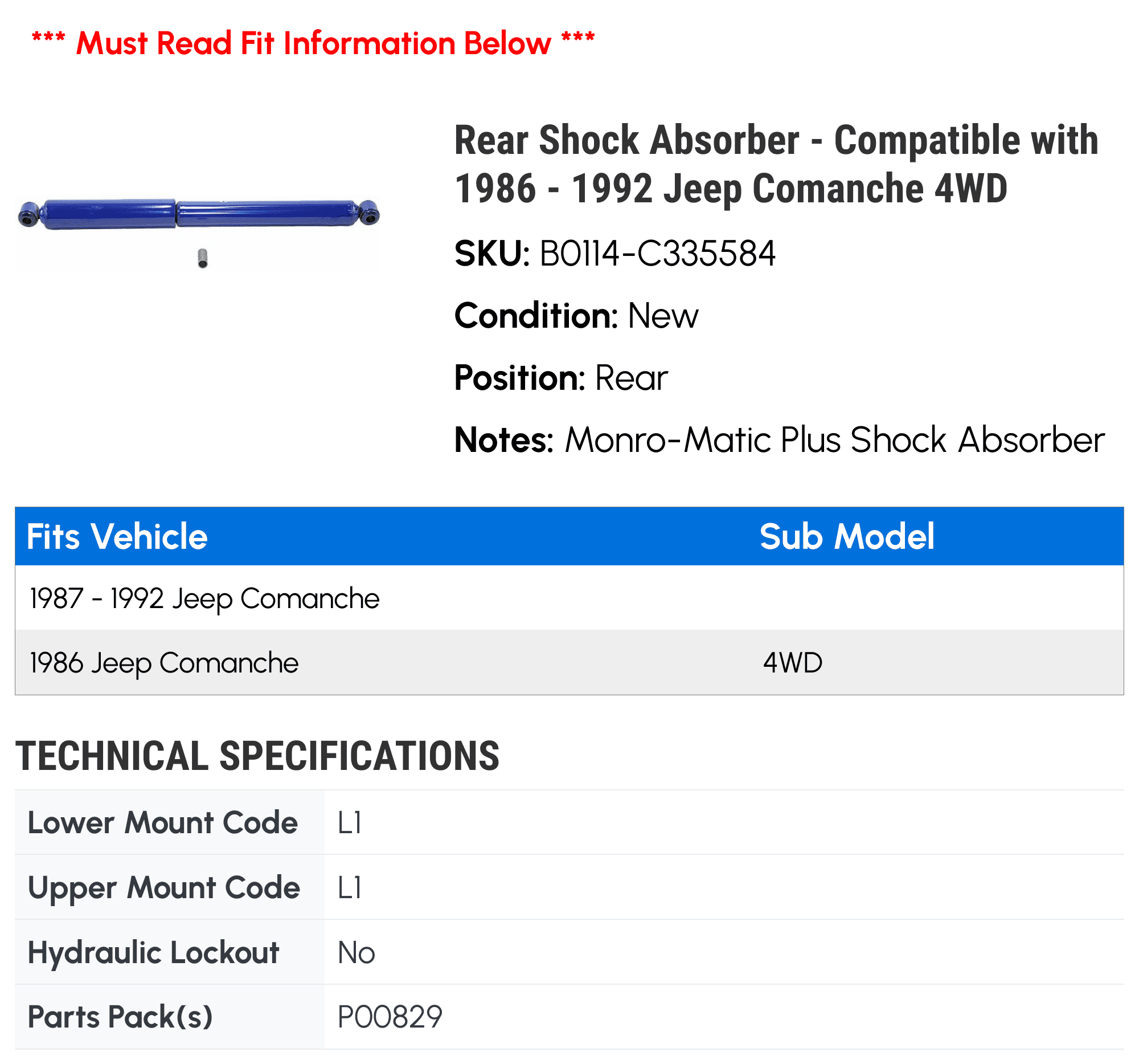 Rear Shock Absorber - Matching with 1986 - 1992 Jeep Comanche 4WD 1987 1988 1989 1990 1991