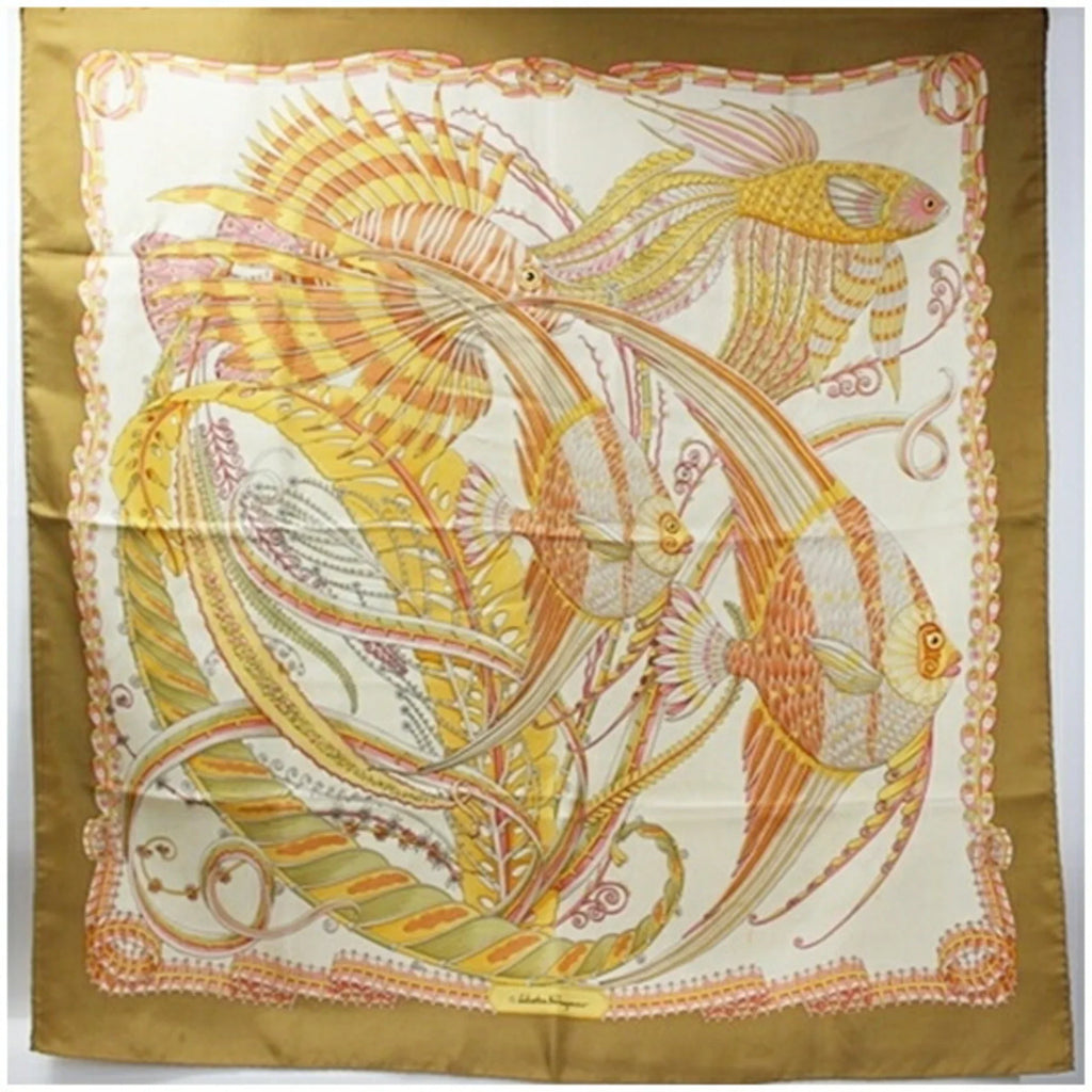 Pre-Owned Salvatore Ferragamo Silk Scarf Muffler Fish Pattern Beige SALVATORE FERRAGAMO Women's (Good)