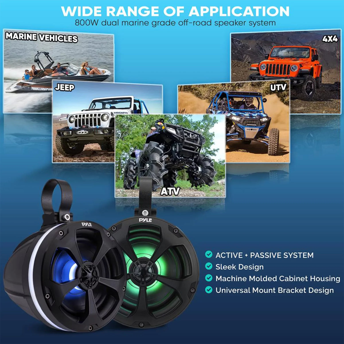 Pyle 5.25 In 1,000 Watt 2 Channel Waterproof Off Road Watercraft and ATV Speakers