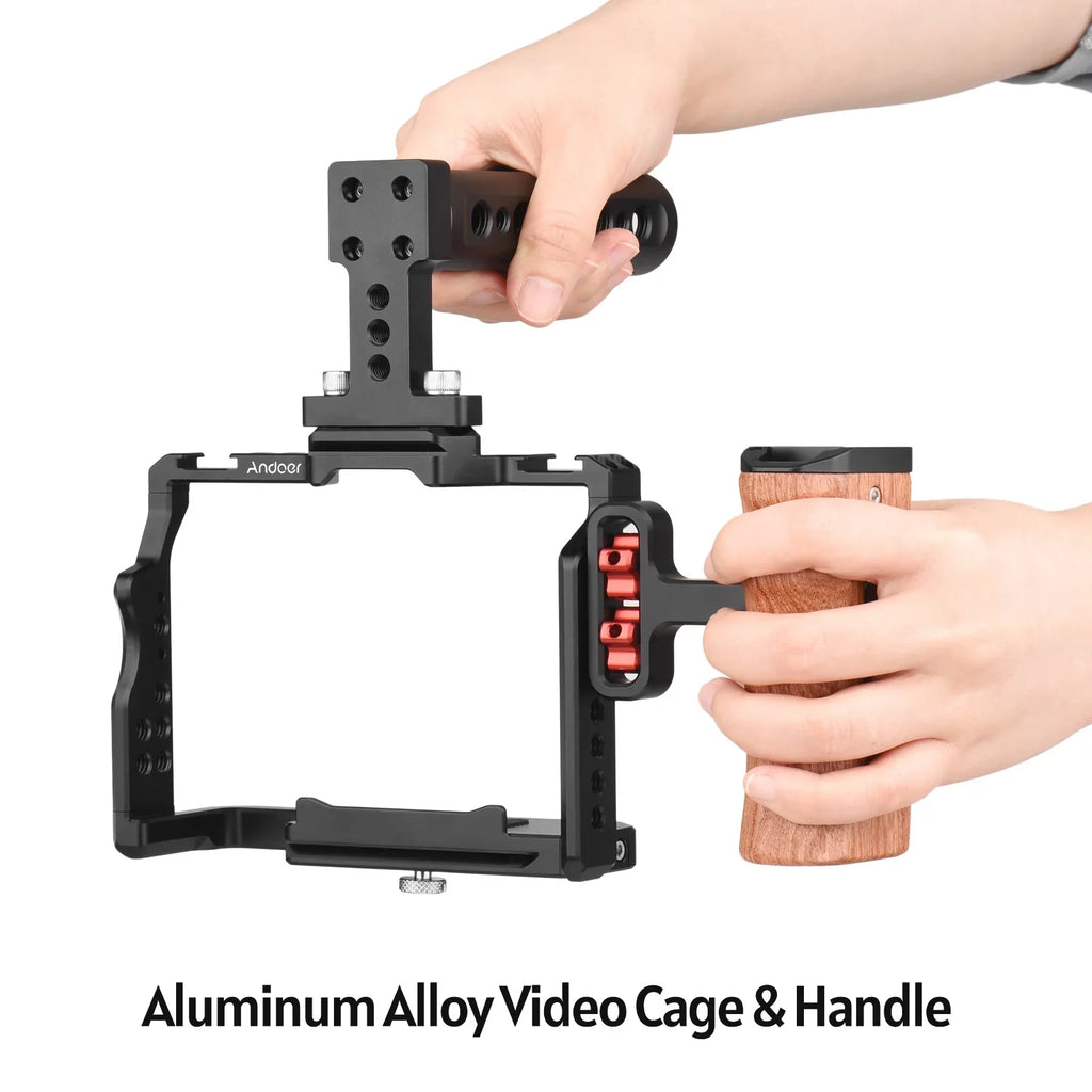 Andoer Video Cage + Handle + Side Wooden Grip Kit Aluminum Alloy with Dual Cold Shoe Mounts Numerous 14 Inch Threads Replacement for Sony A7IV/ A7III/ A7II/ A7R III/ A7R II/ A7S II