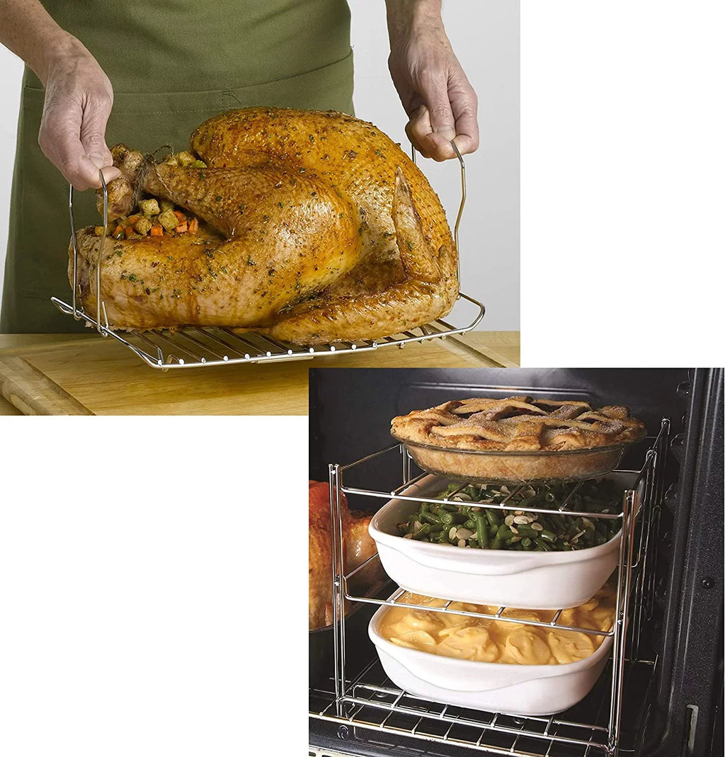 KOVOT 3-Tier Collapsible Oven Rack & Turkey Lifter Roasting Rack | Space Saving Oven Rack For Multiple Roasting And Baking Tasks | Includes (1) Oven Rack & (1) Turkey Lifter