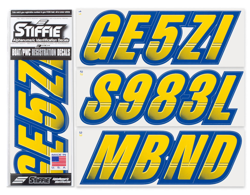 STIFFIE Techtron Yellow/Navy 3" Alpha-Numeric Identification Custom Kit Registration Numbers & Letters Marine Stickers Decals for Vessel & Personal Watercraft PWC