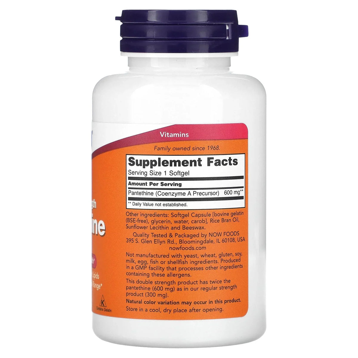 NOW Supplements, Pantethine (Coenzyme A Precursor) 600 mg, Double Strength, Cardiovascular Health*, 60 Softgels