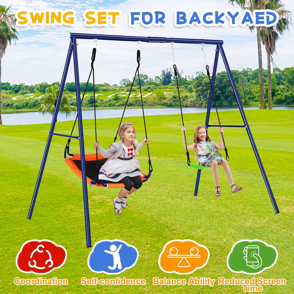 Qhomic Backyard Swing Set for Kids, 440lbs Outdoor Playground Swing Set with Heavy Duty Metal A-frame Swing Stand,2 Adjustable Swing Seats for Backyard, Park and Playground