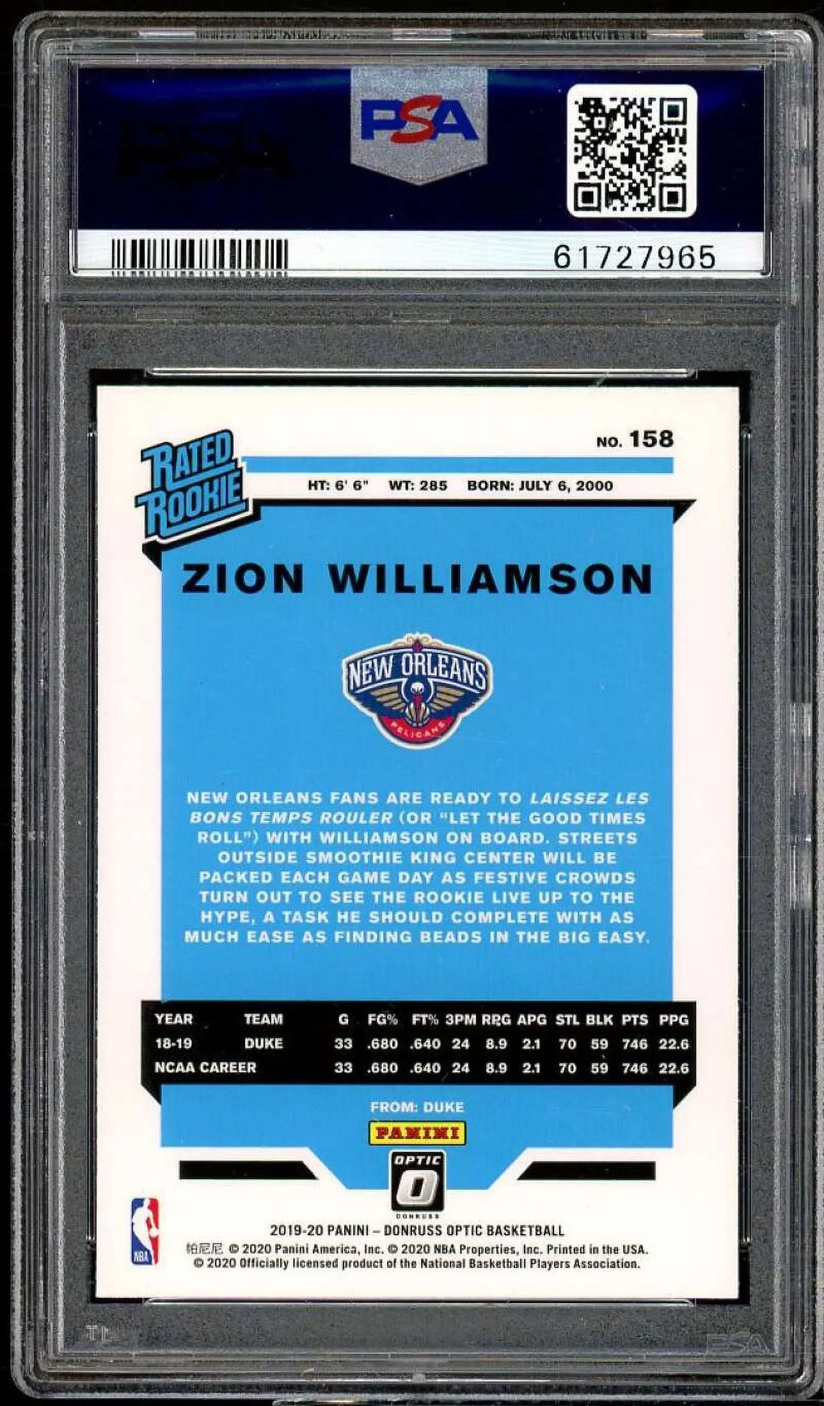 Zion Williamson Rookie Card 2019-20 Panini Donruss Optic #158 PSA 10