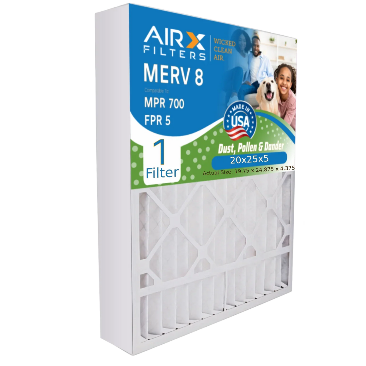 20x25x5 Air Filter MERV 8 Comparable to MPR 700 & FPR 5 Suitable with Honeywell FC100A1037 Premium USA Made 20x25x5 Furnace Filter 1 Single Filter by AIRX FILTERS WICKED CLEAN AIR.
