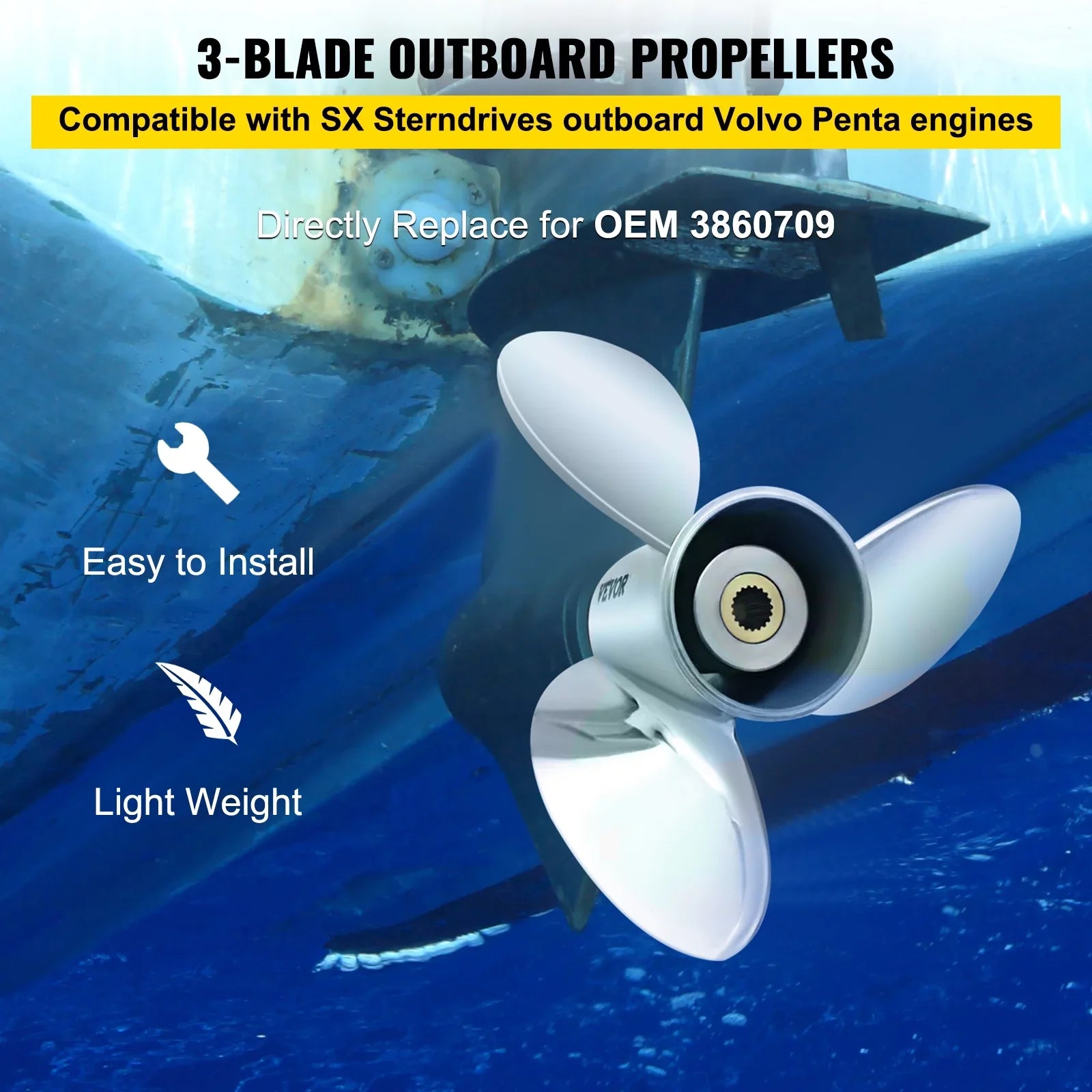 VEVOR Outboard Propeller, 3-Blade 14.5" x 21" Craft Propeller, Replace for OEM 3860709, Suitable with SX Sterndrives Outboard Volvo Penta Engine, Right-handed Steel Propeller Steel & 19 Spline Teeth