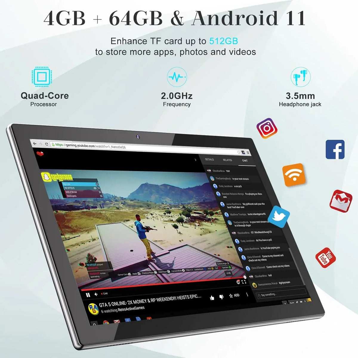 10.1 Inch Android 11 Tablet, Newest 2 in 1 Tablets, 4GB RAM+64GB ROM Quad-Core Processor, 1280*800 FHD Tableta with Keyboard/Mouse/Case/Stylus/Tempered Film, 8MP Dual Camera 6000mAh Battery 10" Tab PC