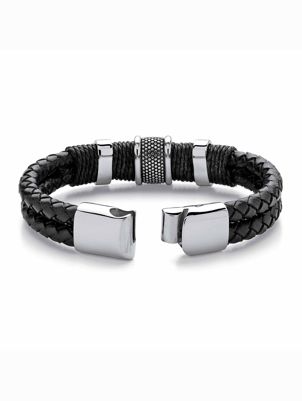 PalmBeach Jewelry Men's Tribal Bracelet With Magnetic Clasp in Stainless Steel and Braided Black Leather 8"