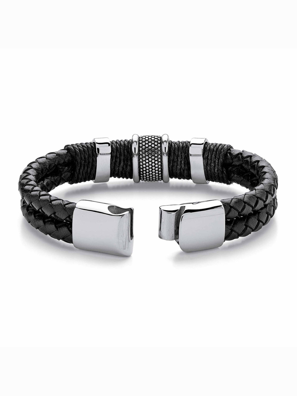 PalmBeach Jewelry Men's Tribal Bracelet With Magnetic Clasp in Stainless Steel and Braided Black Leather 8"