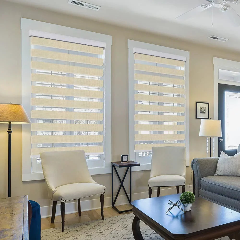 LUCKUP Zebra Blinds for Windows, Dual Layer Roller Sheer Shades Blinds for Day and Night, Light Control Window Treatments Shades with Valance Shield 29" W x 72" L, Striped Beige