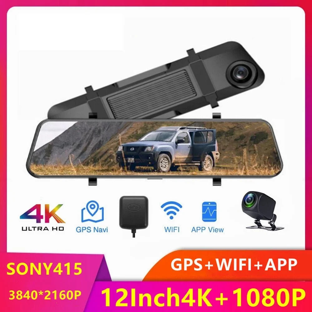 G·PEH US 4K WiFi Mirror GPS Dash Cam 12" Voice Control Car RearView Backup Dual