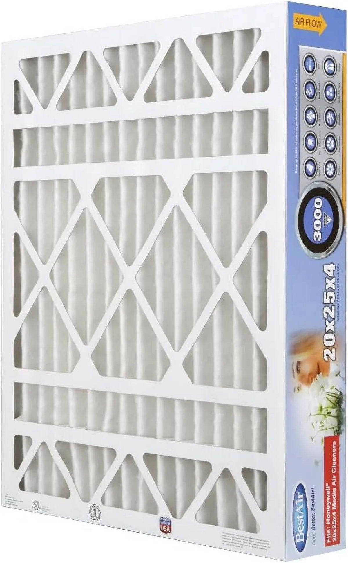 BestAir HW2025-13R AC Furnace Air Filter, 20" x 25" x 4", MERV 13, Removes Allergens & Contaminants, Fits 100%, For Honeywell Models, Pack of 3