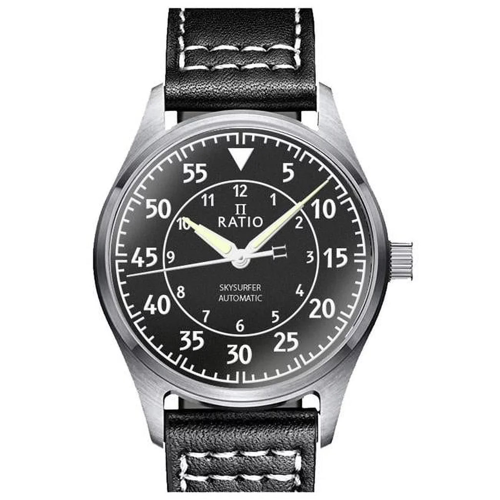 Ratio Skysurfer Pilot Black Textured Dial Leather Automatic RTS320 200M Men's Watch