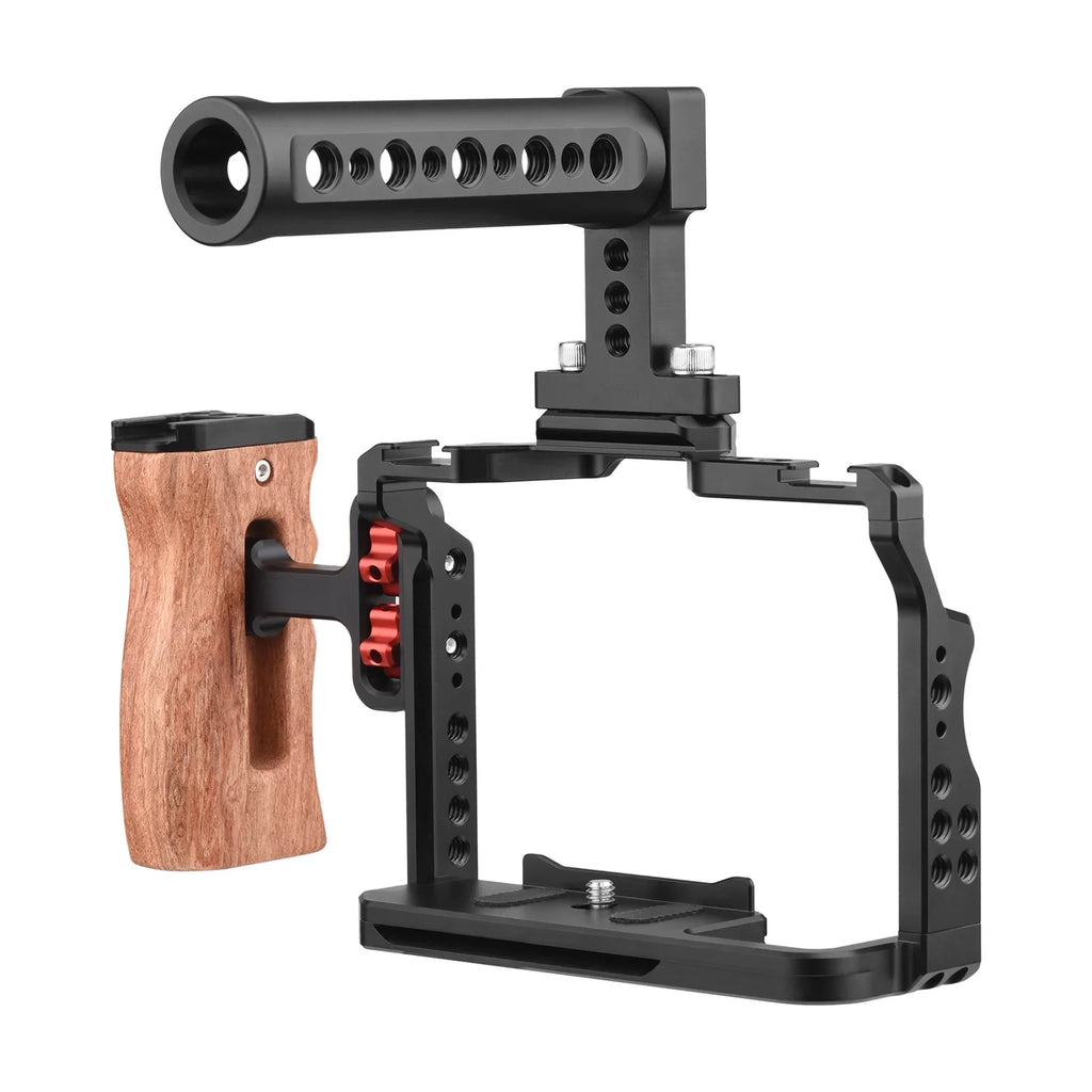 Andoer Video Cage + Handle + Side Wooden Grip Kit Aluminum Alloy with Dual Cold Shoe Mounts Numerous 14 Inch Threads Replacement for Sony A7IV/ A7III/ A7II/ A7R III/ A7R II/ A7S II