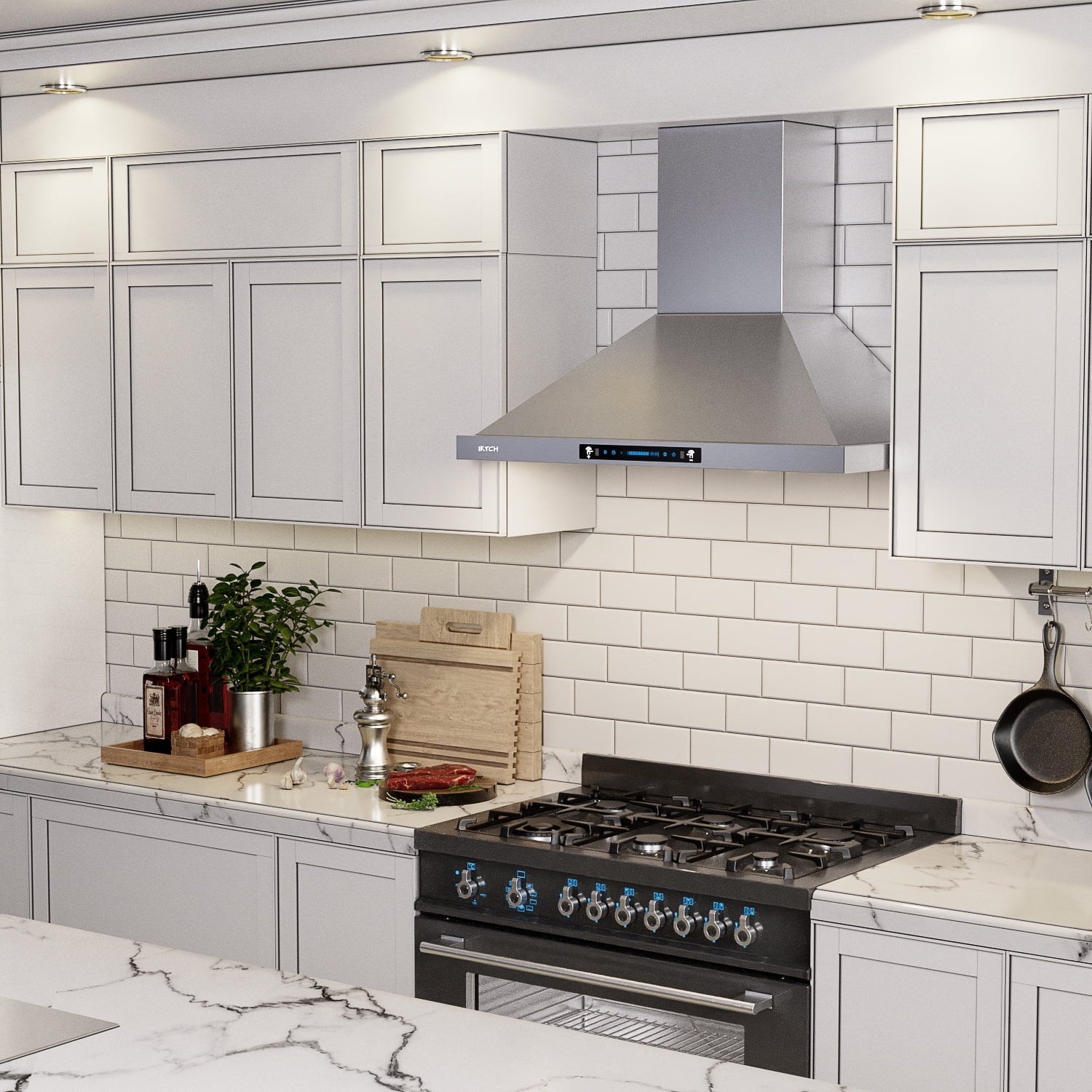 IKTCH Range Hoods 30 inch Wall Mount 900 CFM Ducted/Ductless Convertible, Kitchen Chimney Vent Stainless Steel with Gesture Sensing & Touch Control Switch Panel, 2 Pcs Adjustable Lights(IKP02-30)