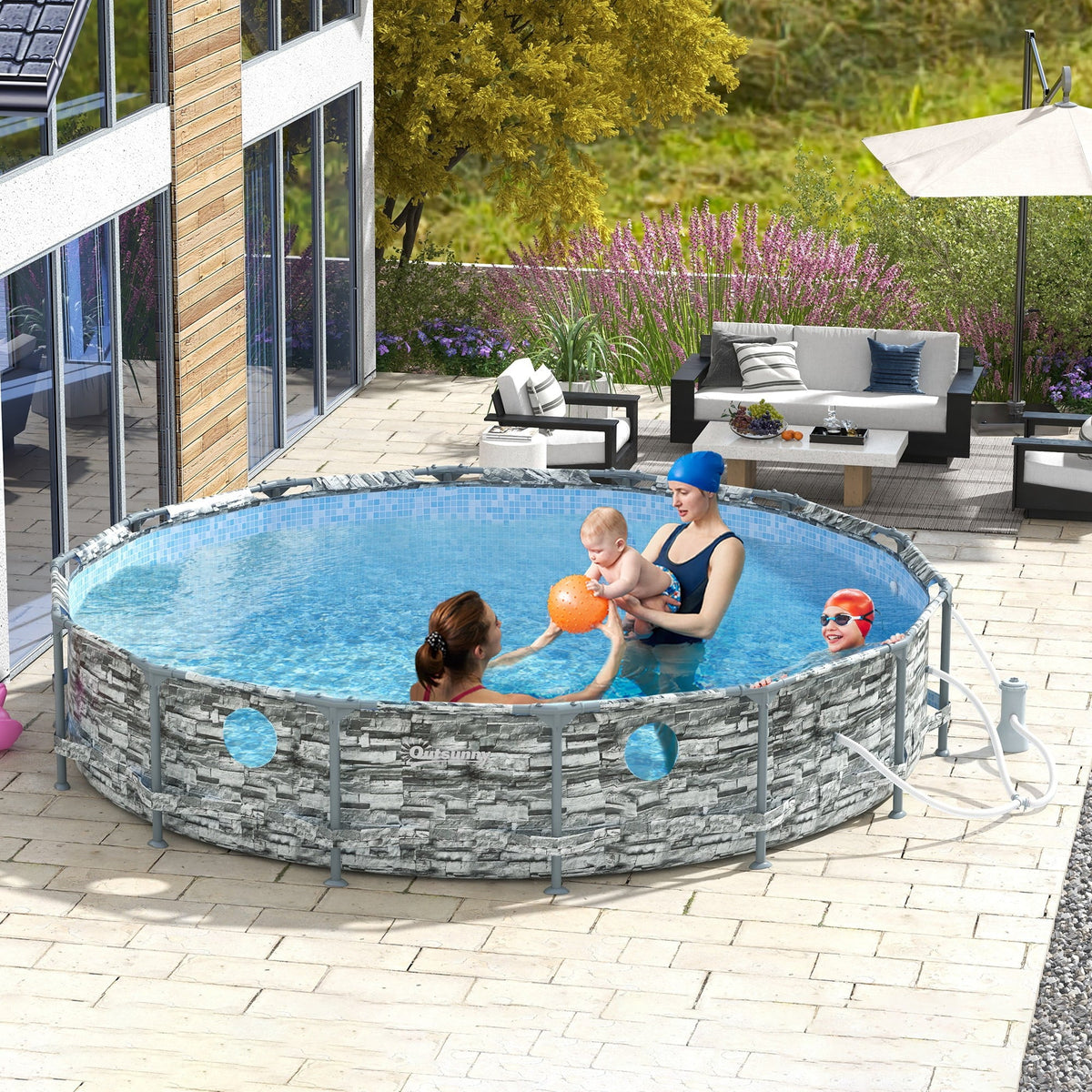 Outsunny 14' Above Ground Pool with Filter Pump, Steel Frame Pool, Brick