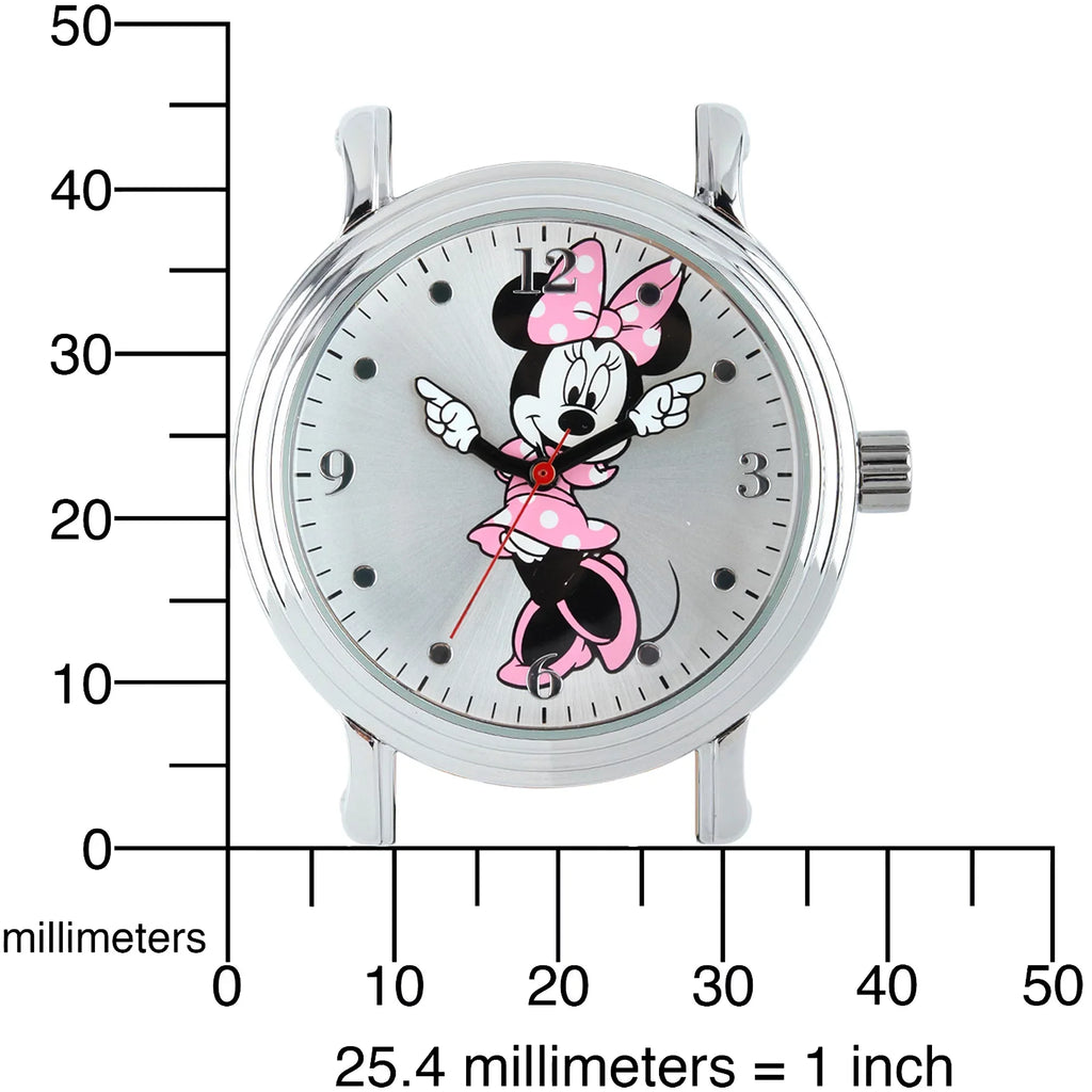 Minnie Mouse Women's Shinny Silver Vintage Articulating Alloy Case Watch, Black Leather Strap