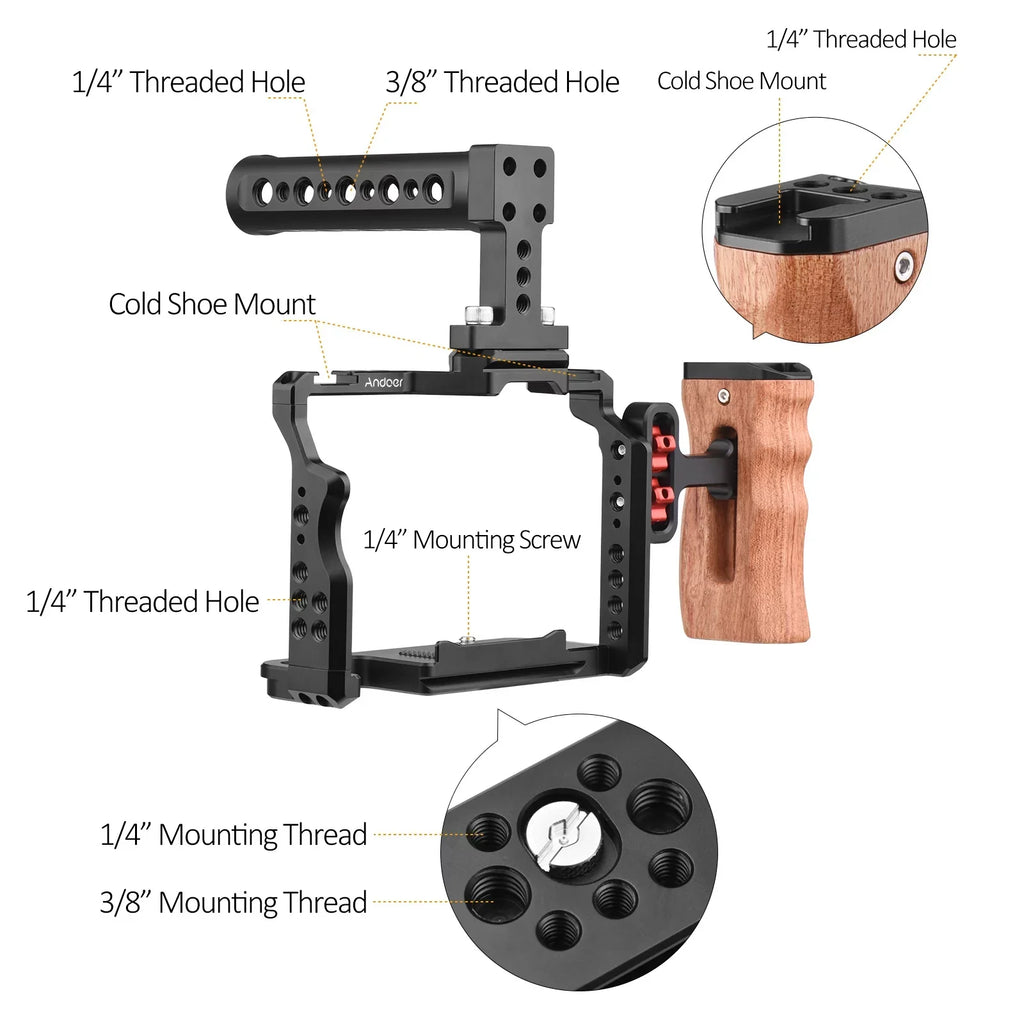 Andoer Video Cage + Handle + Side Wooden Grip Kit Aluminum Alloy with Dual Cold Shoe Mounts Numerous 14 Inch Threads Replacement for Sony A7IV/ A7III/ A7II/ A7R III/ A7R II/ A7S II