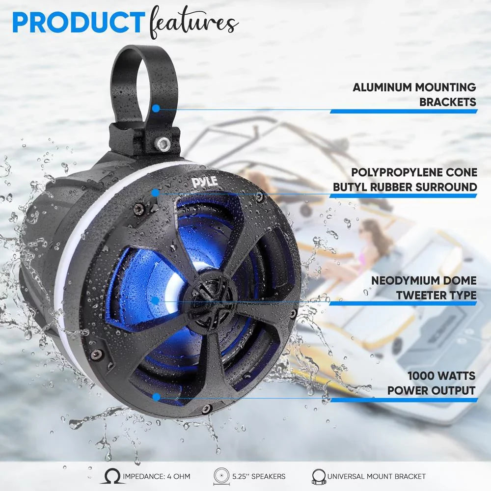 Pyle 5.25 In 1,000 Watt 2 Channel Waterproof Off Road Watercraft and ATV Speakers