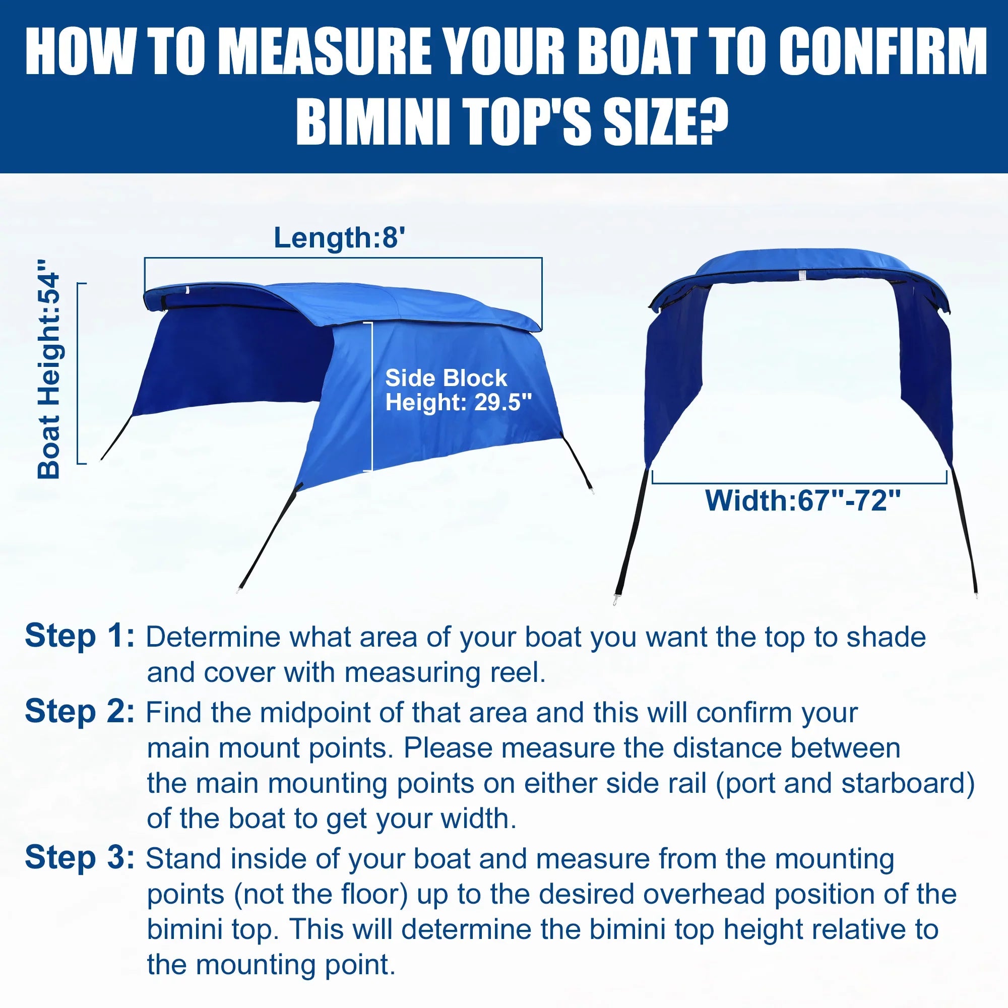 Unique Bargains 4Bow 8'Lx54"Hx67"-72"W Bimini Top Canvas With Detachable Side Blocks Blue