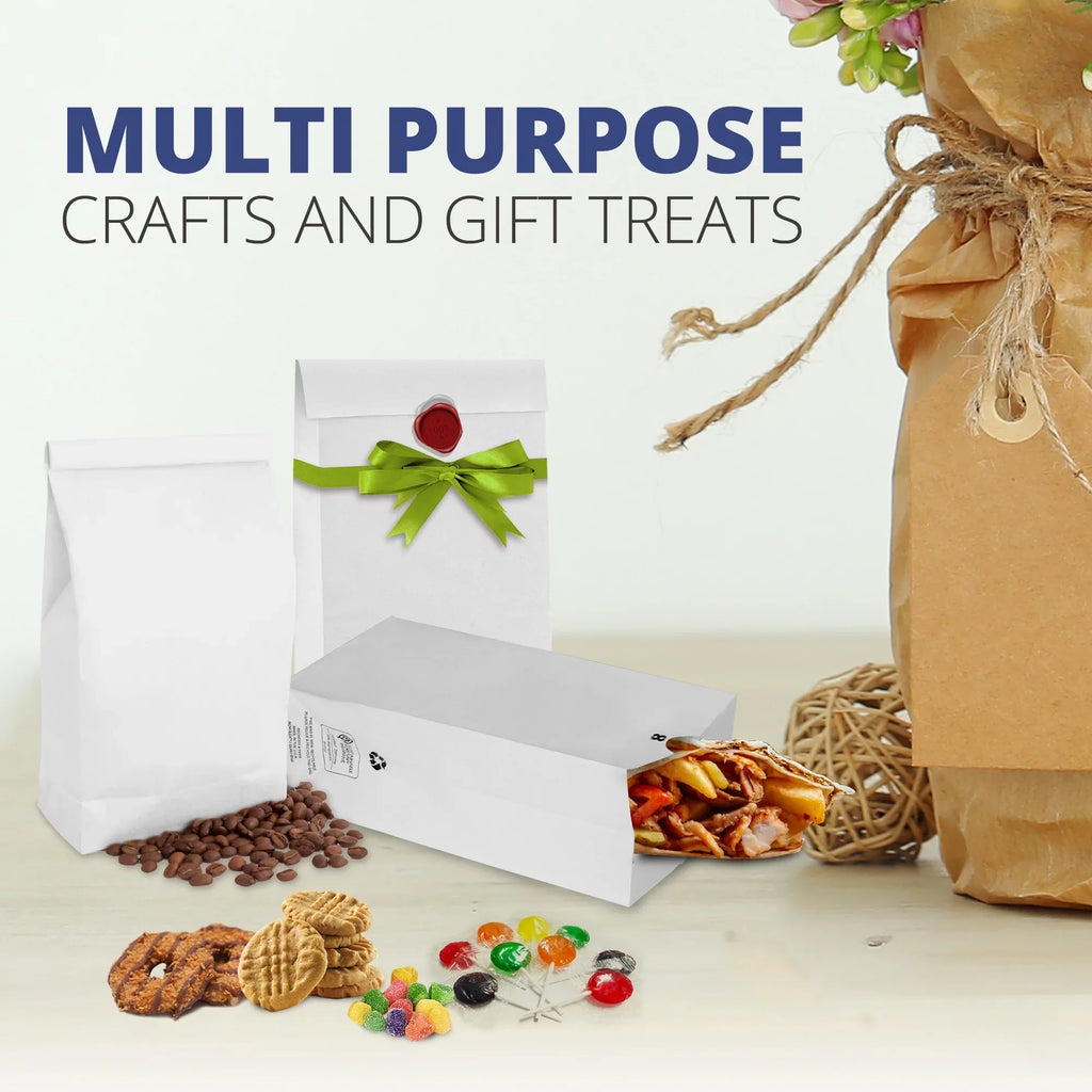 [200 Pack] 8 LB 12.44 x 6.13 x 4.13" White Paper Bags Grocery Lunch Retail Shopping Long-lasting Barrel Sack