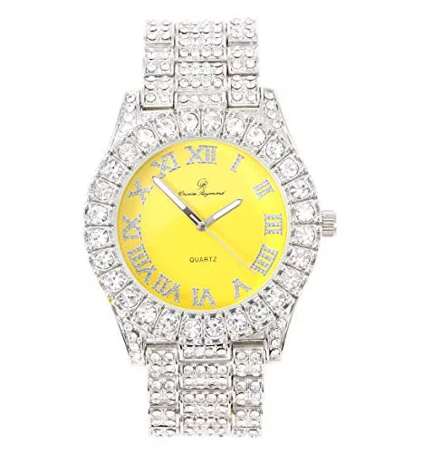 Mens Silver Big Rocks with Roman Numerals Fully Iced Out Colorful Dial Watch - ST10327 RN Single (Silver Yolo Yellow)