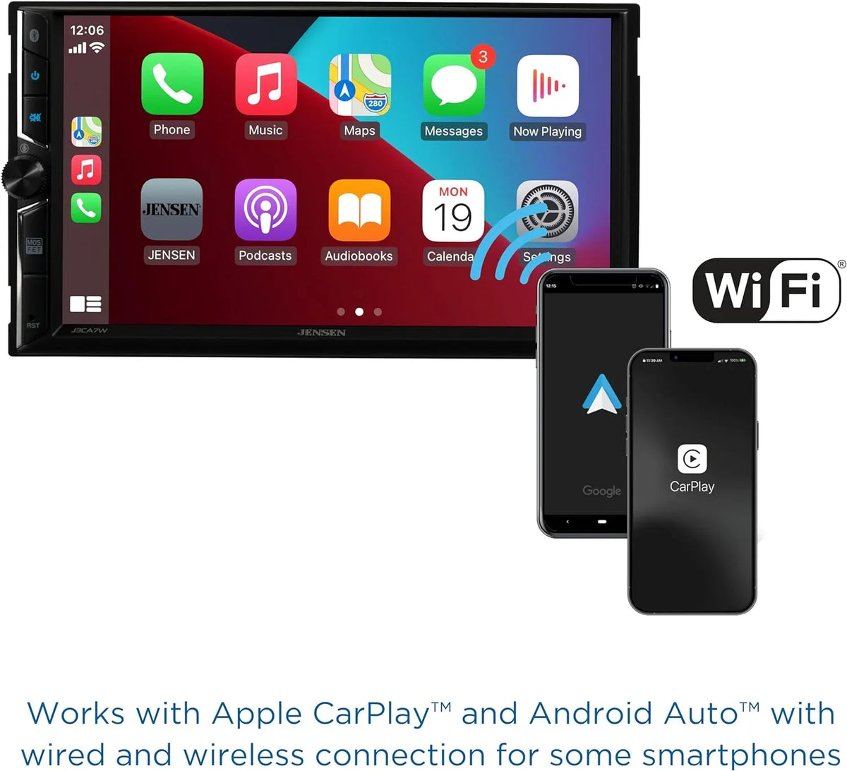 Jensen J3CA7W 7-inch Certified Apple CarPlay Android Auto, Wired or Wireless, Double DIN Car Stereo Radio, New