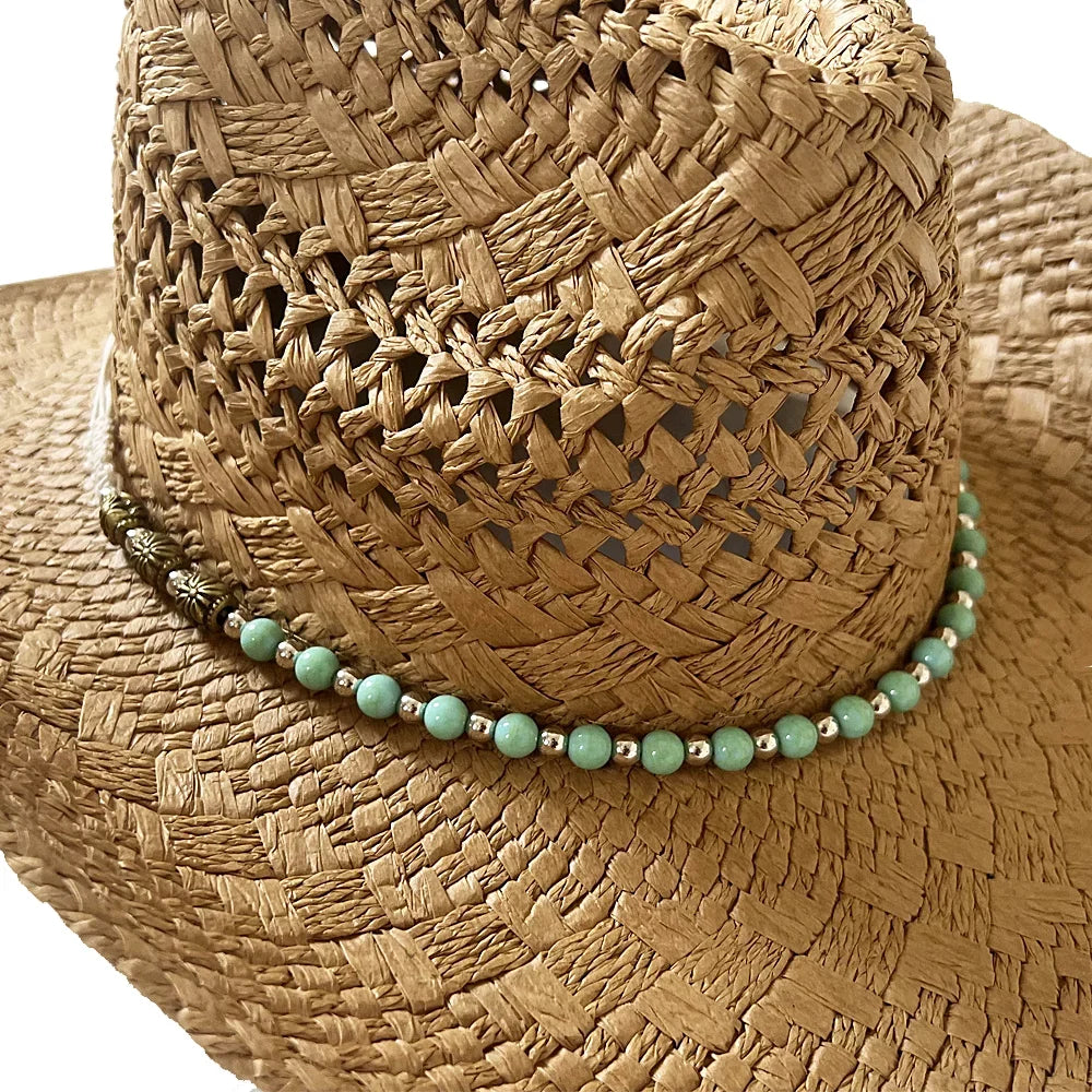 Keevoom Straw Cowboy Hats for Women Men Vintage Beach Sunshade Hat With Bead Belt
