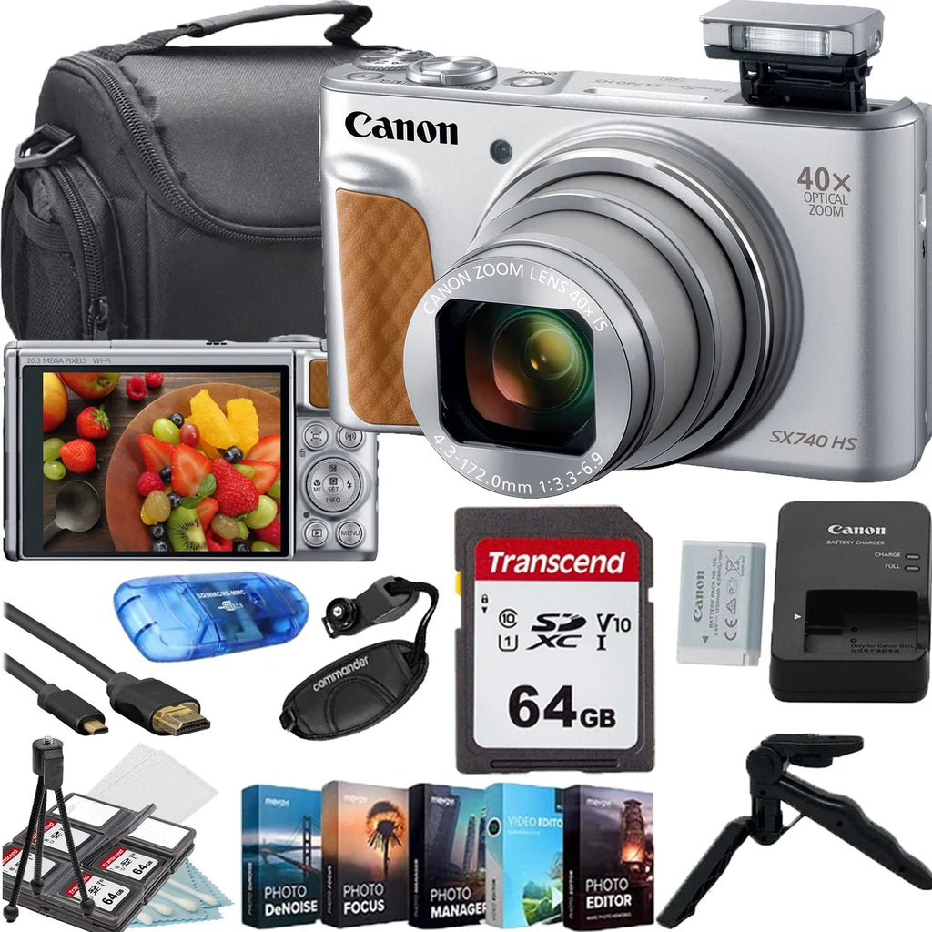 Canon PowerShot SX740 HS Digital Camera (Silver)+64GB Memory Card+Camera Shoulder Bag+Steady Gripster Tripod+Deluxe Accessory Bundle