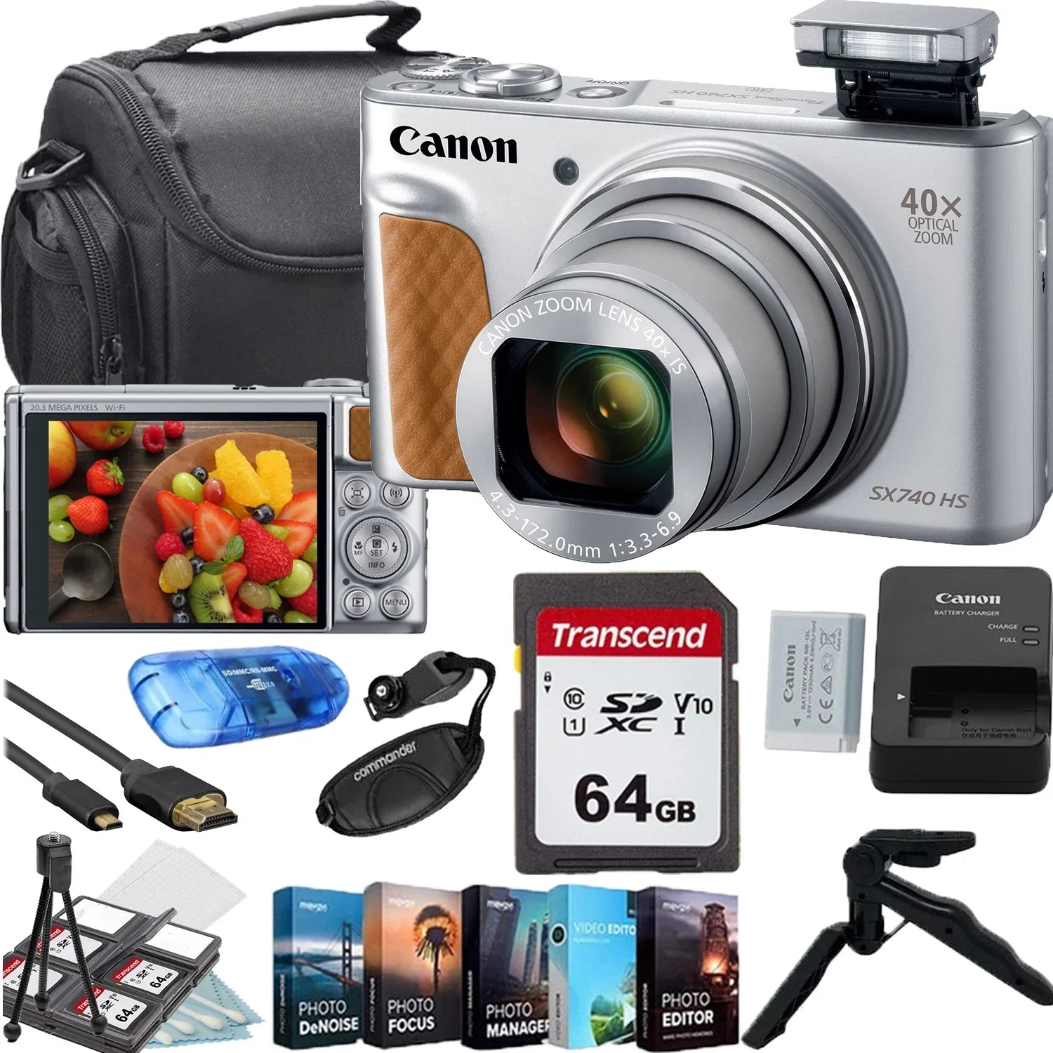 Canon PowerShot SX740 HS Digital Camera (Silver)+64GB Memory Card+Camera Shoulder Bag+Steady Gripster Tripod+Deluxe Accessory Bundle