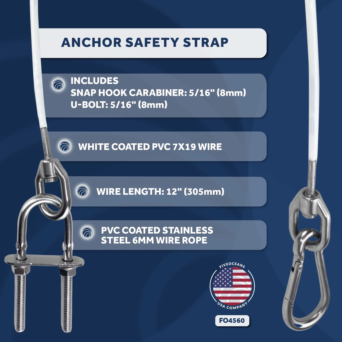 Five Oceans 12-Inch Anchor Safety Straps, Heavy Duty 7x19 PVC Coated Stainless Steel 6mm Wire Rope, Includes 5/16-Inch Carabiner Snap Hook and 5/16-Inch U-Bolt - FO4560