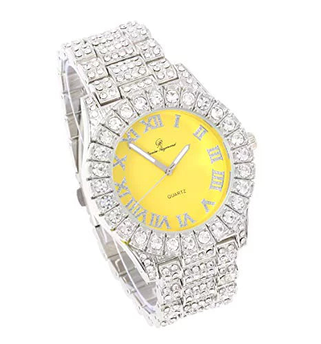 Mens Silver Big Rocks with Roman Numerals Fully Iced Out Colorful Dial Watch - ST10327 RN Single (Silver Yolo Yellow)
