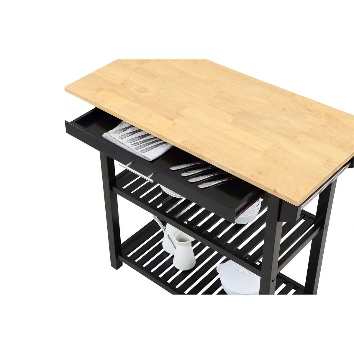 Pemberly Row 3-Tier Butcher Block Kitchen Prep Island with Drawer- Black Wood