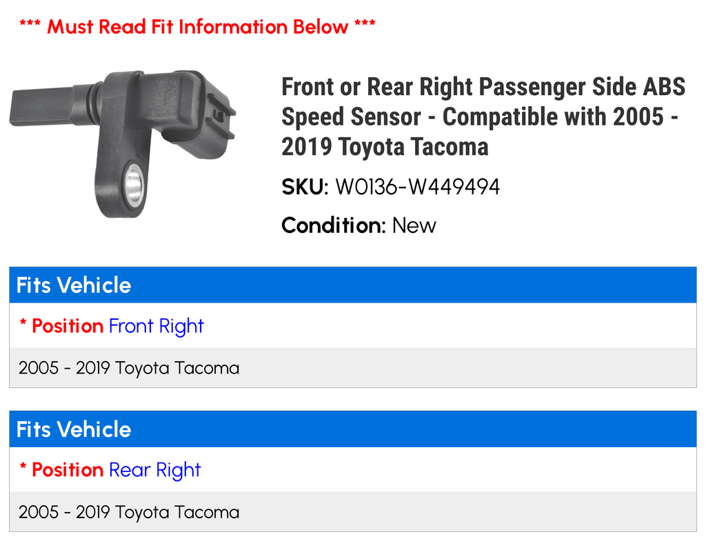 Front or Rear Right Passenger Side ABS Speed Sensor - Matching with 2005 - 2019 Toyota Tacoma 2006 2007 2008 2009 2010 2011 2012 2013 2014 2015 2016 2017 2018 2020