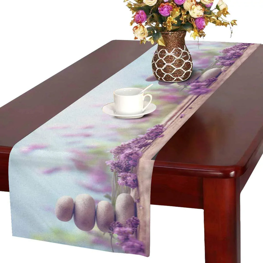 MKHERT Spa Still Life with Stack of Stones and Pink Lavenders Table Runner Home Decor for Kitchen Dining Wedding Party 16x72 Inch