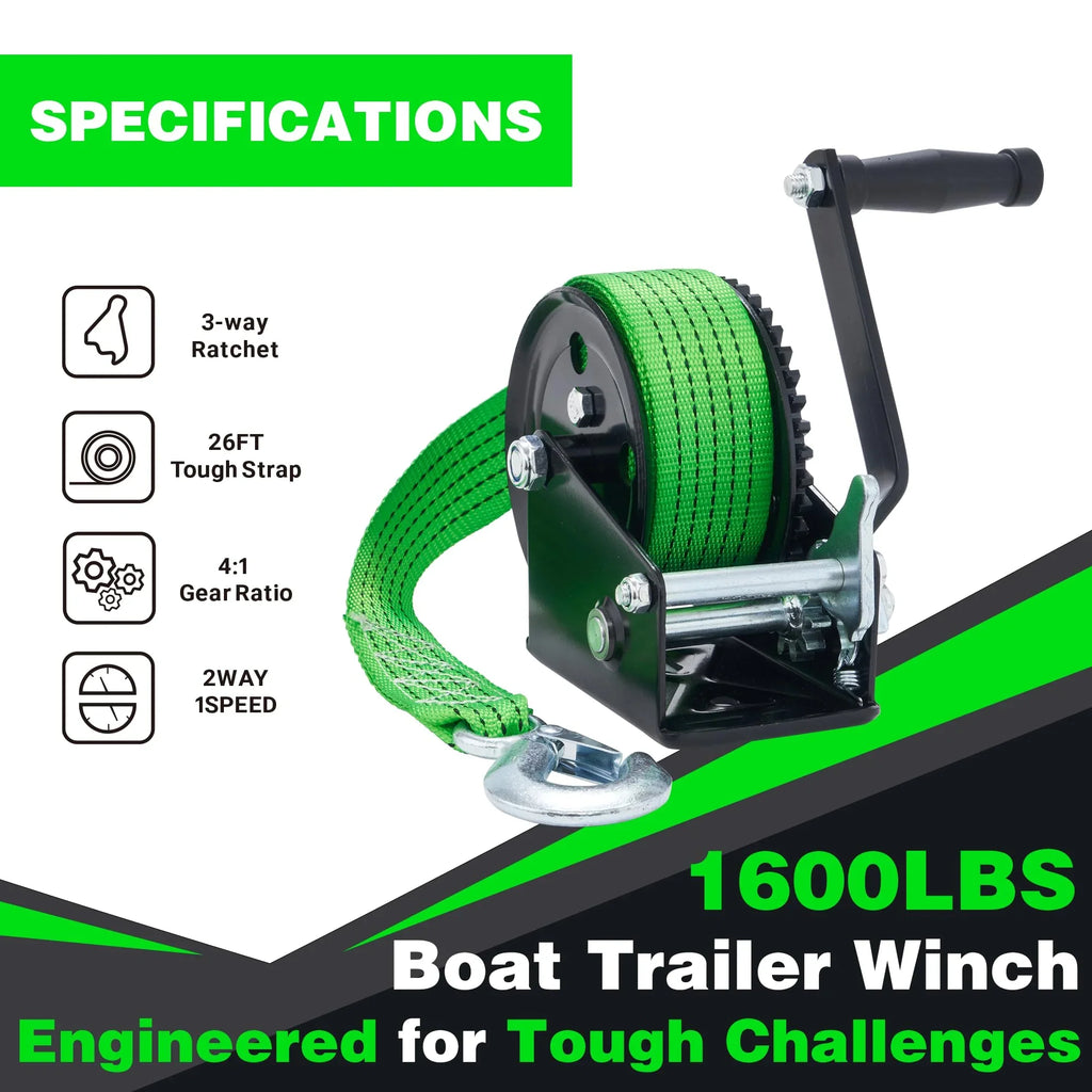 OPENROAD 1600LB Ship Trailer Winch - Heavy Duty Hand Winch with 26FT Green Strap, 2-Way Ratchet & 4:1 Gear - Perfect for Vessel Truck, Trailer, RV, ATV and Jet Ski - Includes Installation Screws