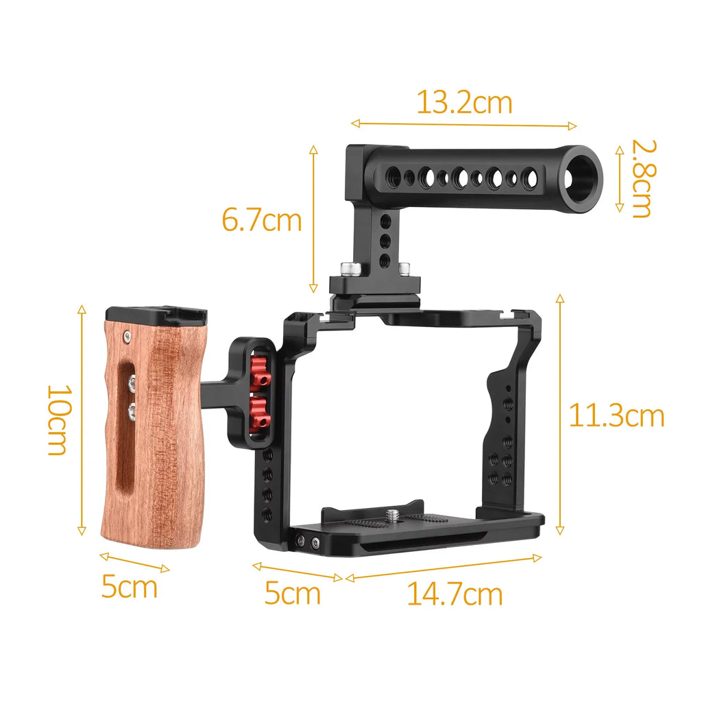Andoer Video Cage + Handle + Side Wooden Grip Kit Aluminum Alloy with Dual Cold Shoe Mounts Numerous 14 Inch Threads Replacement for Sony A7IV/ A7III/ A7II/ A7R III/ A7R II/ A7S II